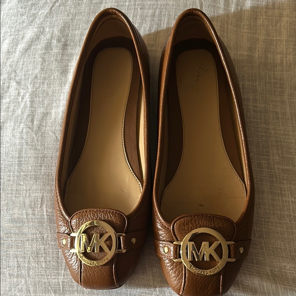 Michael Kors Tan Leather Loafers with Gold Logo